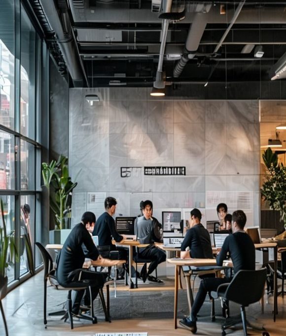 SP打屁股品牌团队成员在现代化办公空间内专注工作，背景是大幅品牌文化墙，展示sp打屁股平台的专业内容创作氛围与企业文化